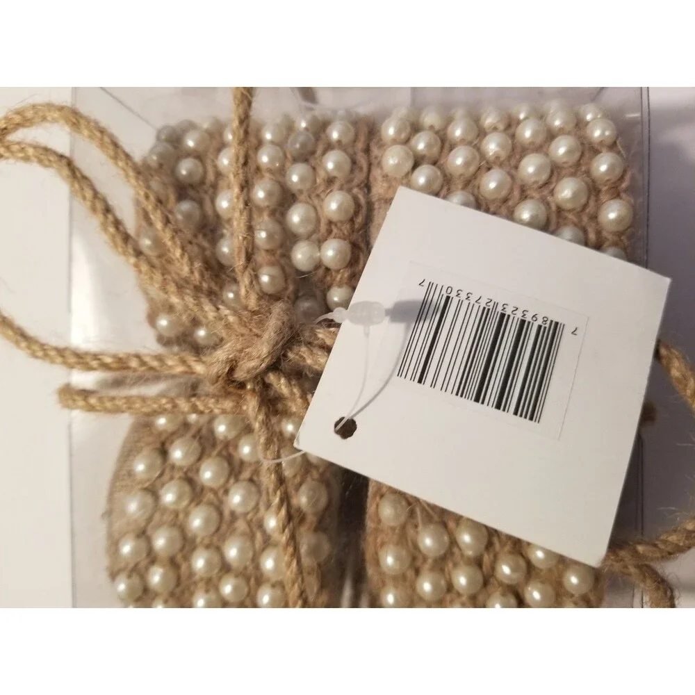 Design Inspirations Burlap & Faux Pearl Napkin Rings Set of 4 French Country New